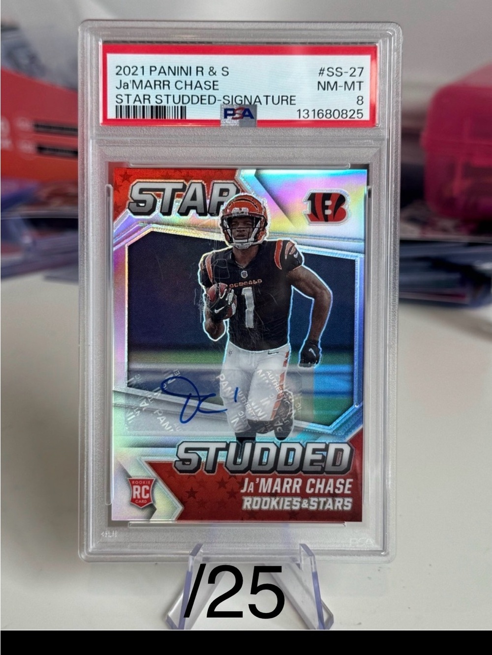 2021 JaMarr Chase Panini Rookies & Stars Autograph /25 Star Studded Prizm PSA 8